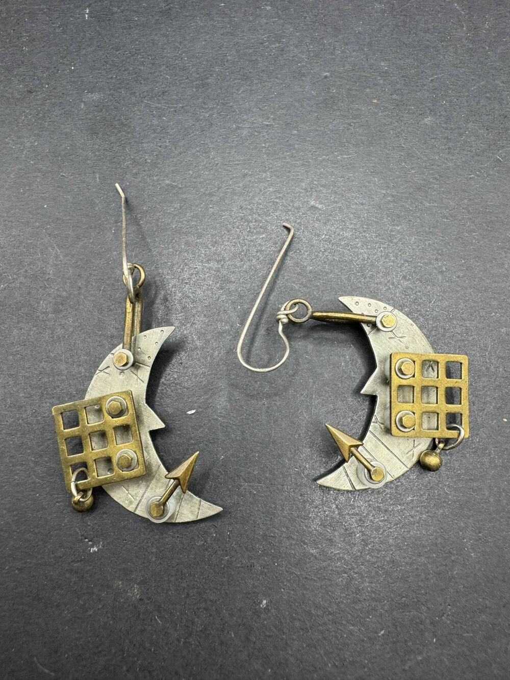 Thomas Mann Artisan Sterling Silver and Brass Celestial Moon Dangle Earrings